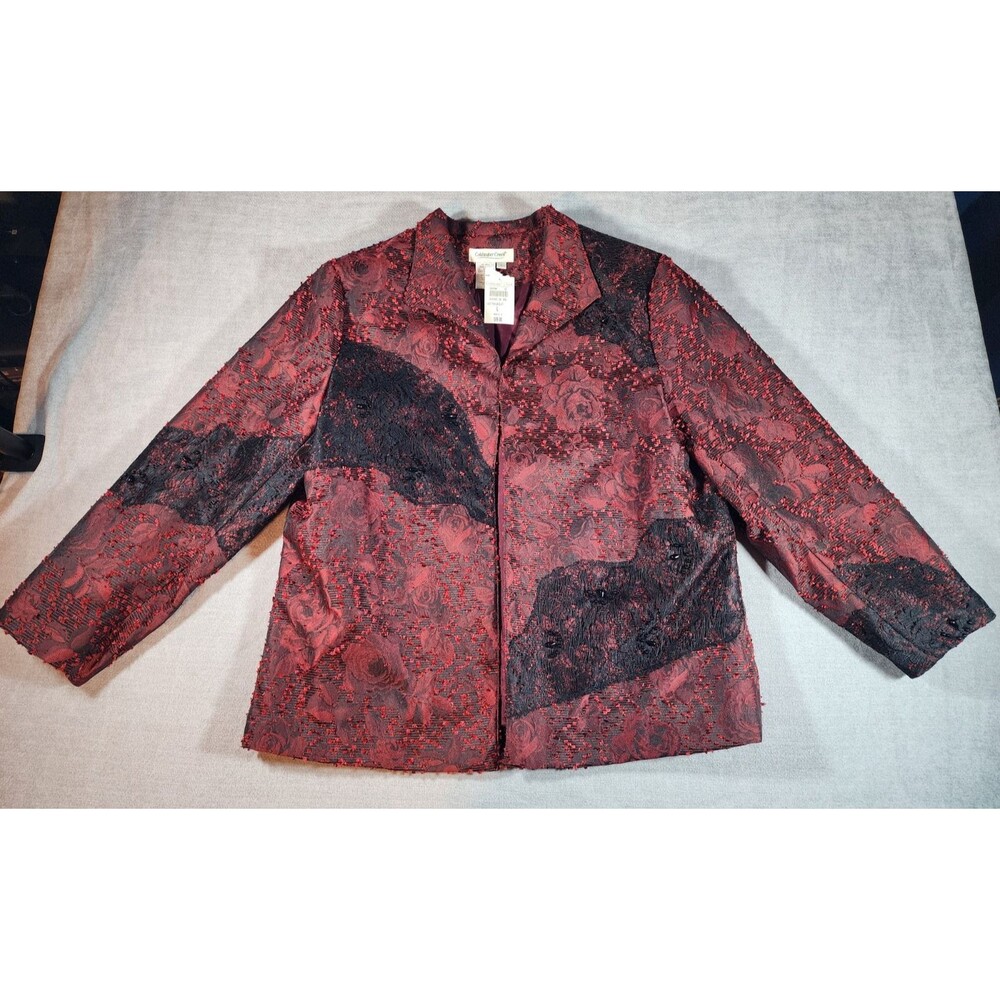 NWT Coldwater Creek Women's L Red Rose Black Lace Beaded Open Front Jacket